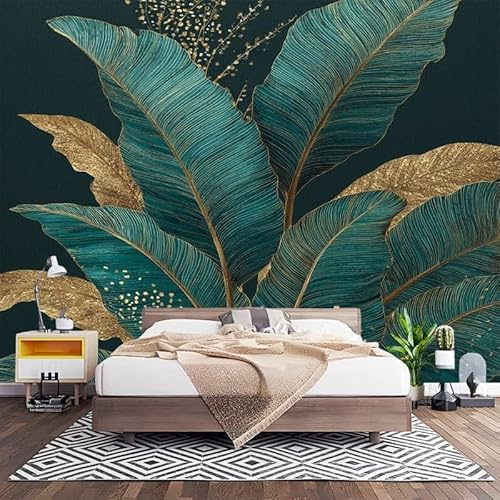 Chambre Papier Peint 3D PanoramiqueVert Foncé 250x175 cm Papier Peint Intissé Mural Feuilles de Bananier Tropicales Luxueuses pour Salon Canapé TV Fond Décoration, Personnalisable Grande Taille
