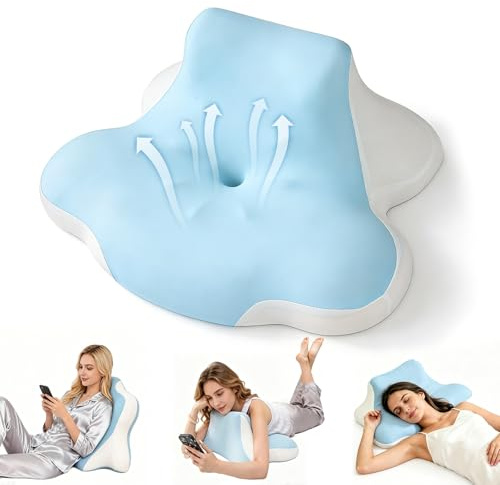Ergonomisk nackkudde med minnesform, 4-i-1 kil kudde för säng, ortopediskt stöd med 2-zonsdesign för sidodorkare, rygg och mun botten, blå-vit