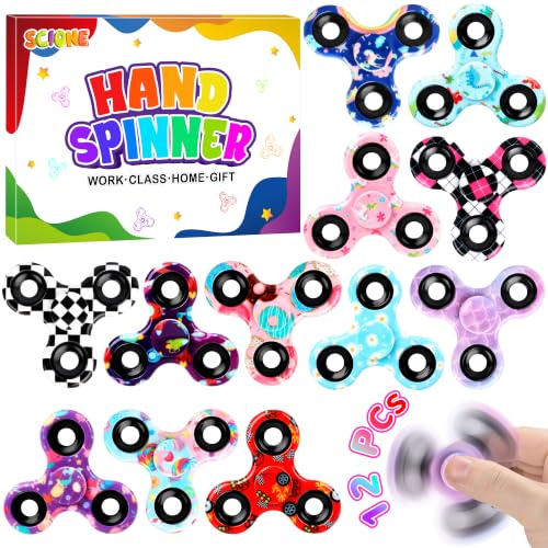 SCIONE Set med 12 Fidget Spinners, kamouflage, höghastighetsspinnare för barn, fin födelsedagskalas, skolutmärkelser, sensoriska spel för stress och koncentration (6,3 cm)