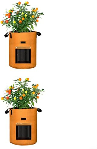 HpLive Lot de 2 sacs de plantation en feutre respirant avec double fenêtre pour pommes de terre, tomates et carottes, avec poignées en vert et orange (orange-M)