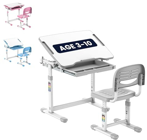 Mount-It! Kids Desk and Chair Set Height Adjustable up to 30 Ergonomic for School - Table and Chairs for Student 26 x 18 Tabletop with Pencil Drawer, 3-10 Age Children, Grey