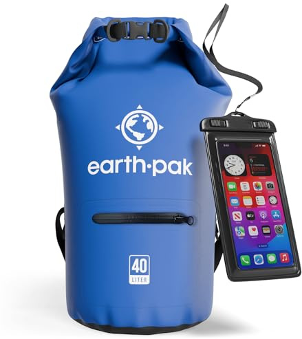 Earth Pak Sac étanche avec Poche - pour Kayak, Bateau Excursion, Canoë, Pêche, Rafting, Natation, et Snowboard (Bleu, 40L)