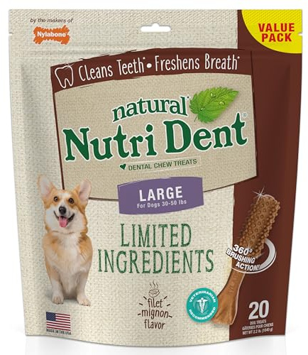 Nylabone Nutri Dent Dog Dental Chews - Natural Dog Teeth Cleaning & Breath Freshener - Dental Treats for Dogs - Filet Mignon Flavor, Large (20 Count)