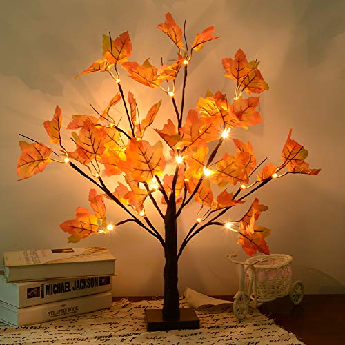 INHDBOX 24 LEDs Ahornblatt Baum Licht, 49cm Schreibtisch Ahorn-Blätter (Herbst Deko) Baumlicht Warmweiß, Herbst Dekoration Blätter Lichterketten für Thanksgiving, Weihnachten, Innen Deko