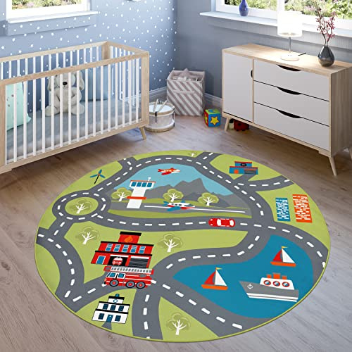 Paco Home Kinder-Teppich Für Kinderzimmer, Spiel-Teppich Mit Straßen-Motiv rutschfest In Grün, Grösse:Ø 200 cm Rund