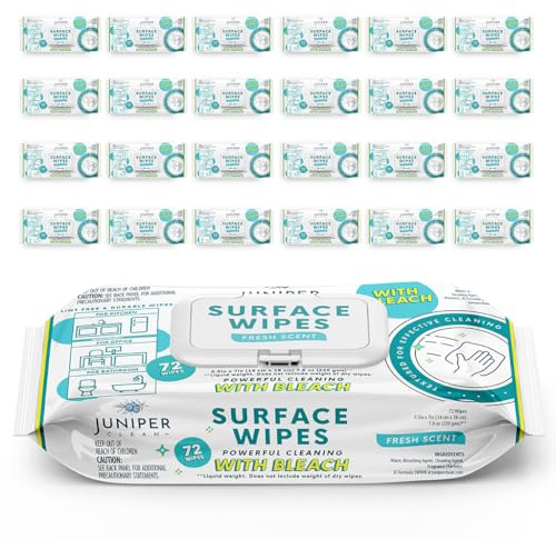 Juniper CLEAN 24 Pack Surface Cleaning Wipes with Bleach, All-Purpose Cleaner for Bathroom, Kitchen, Office, 1728 Count Soft Flow, Fresh Scent, Lint Free & Durable