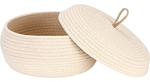 Sea Team Eleganter runder Baumwollseil-Aufbewahrungskorb mit Deckel - Multifunktionaler Organizer für Snacks, Handtücher uvm. - Ideal für Ihr Zuhause, 13 x 5.5 Zoll (Groß,Flach,Creme)