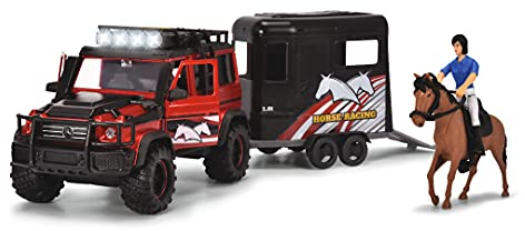 Dickie Toys – Horse Trailer Set (42 cm) – rödsvart leksakslastbil med hästsläp, häst och ryttare – för barn från 3 år