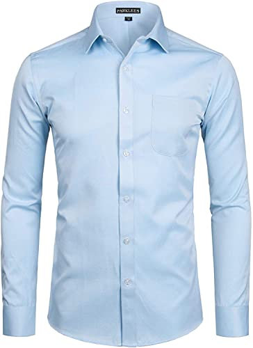 PARKLEES Mens Solid Twill Classic Fit Shirt Business Slim Fit Long Sleeve Dress Shirt with Pocket Blue L