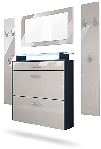 Vladon Garderobe Malea, Garderobenset bestehend aus 1 Hängeschuhschrank, 1 Wandspiegel und 2 Garderobenpaneele, Anthrazit matt/Sandgrau Hochglanz, inkl. LED-Beleuchtung blau