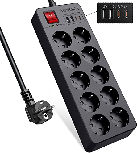 Multipresa 10 Posti con Interruttori, Ciabatta Elettrica Protezione Sovratensione, Multipresa 10 Prese da Parete, Presa Multipla Schuko Salvaspazio con USB C, Prolunga Elettriche 1,5m Cavo, Nero