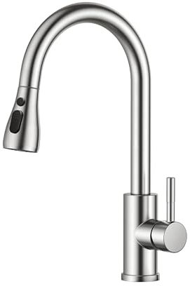 FORIOUS Kitchen Sink Taps Mixer with Pull Out Spray, Swivel Single Handle High Arc Pull Down Stainless Steel Kitchen Faucet