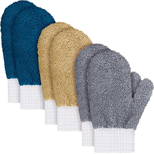 BBTO 3 Pairs Microfiber Dusting Mitts with Thumb, Household Cleaning Gloves, No Scratch, Reusable, Washable, Dark Blue, Gray, Khaki
