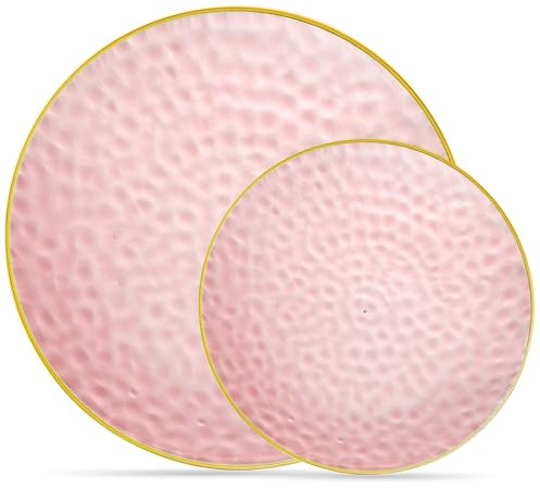PLASTICPRO 32 Piece Combo Plates Set includes 16-7'' inch Plate & 16-10'' inch Plates Pink Hammered Plastic Party Plate Premium heavyweight Elegant, Disposable, Tableware, Dishes,