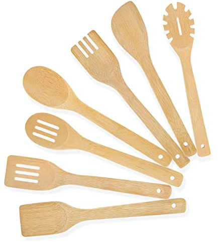 [7-PCS] Wooden Spoons for Cooking is for All Kitchen. Made From Bamboo Wood, Wooden Spatula & Wooden Spoon 11.8 in. and Non-Stick Surface, Suitable for Home & Chef Use or Gift for Someone Special.