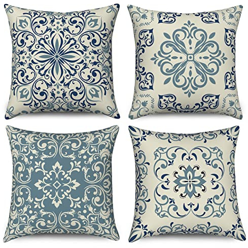 Hnmdmyi Kissenbezug Boho 40x40 4er Set, Blau Vintage Geometrische Mandala Floral Dekorative Kissenbezüge Leinen Quadratische Kissenhülle für Sofa Couch Bett Garten Outdoor Home Decor