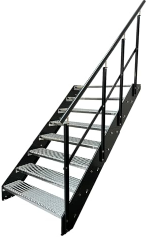Kaminbau Mierzwa Premium Stahl Treppe W2 mit Geländer Rechts/Wange und Geländer in Anthrazit /8 Stufen (Breite 1200 mm) (Höhe 152 cm) Wetterfest Gitterroststufe Gartentreppe