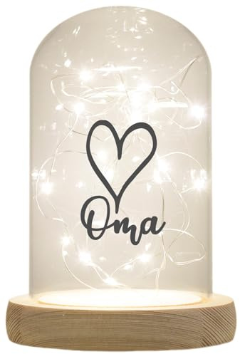 WB Wohn Trends LED-Glaskuppel Oma Herz, 16,5x11cm - Glasglocke Mit Holz-Fuß, Laterne und Lampe Mit Text Spruch