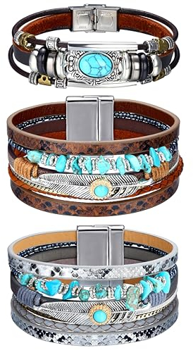 Milacolato 3Pcs Leder Wickelarmbänder für Damen, Boho Wickelarmbänder Leder Manschette Armreif Perlen Armbänder Stapelbare westliche Armbänder Schmuck Geschenke für Damen (Türkis)