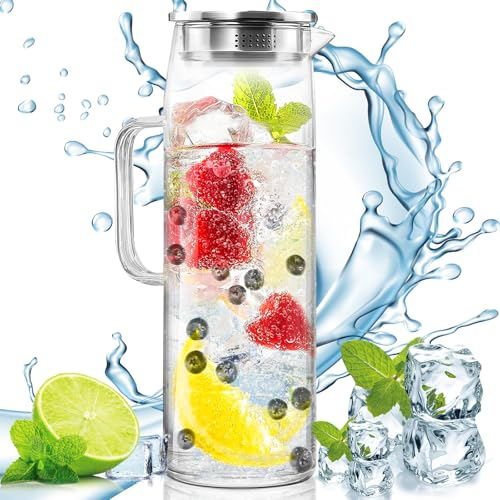 LOVICVKEM Carafe en Verre de 1.5 Litre Pichet en Verre, Carafe Eau pour Boissons Chaudes et Froides avec acier inoxydable couvercle pour l'eau,lait,jus,thé glacé,le vin,limonade et mousseux Boissons