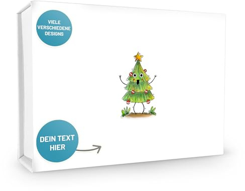VerpackungsWelt Personalisierte Geschenk-Box | 23x17x5 cm | Geschenk-Schachtel mit Deckel & Magnet | Weihnachtsbaum-Motiv Nr. 4 | Verpackung personalisiert Weiß