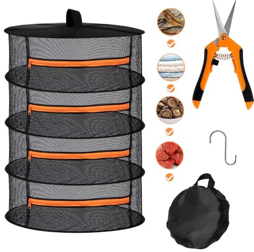 Cerkkapo Secador de hierbas de 4 capas, red de secado plegable con tijeras de podar y ganchos, redes secas para colgar hierbas, red de secado para plantas, especias, flores, verduras