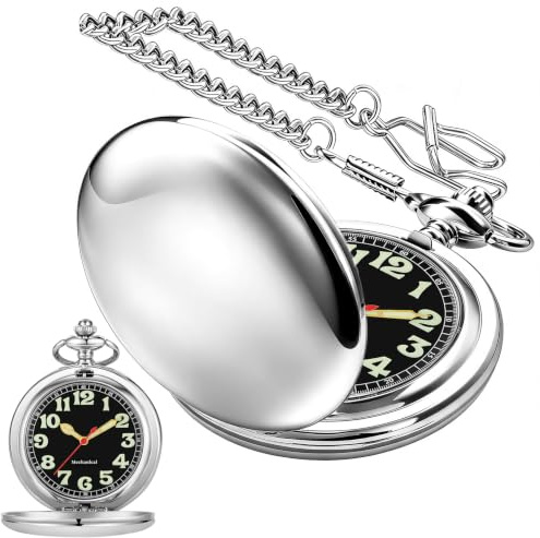 Pocket Watch Hand Wind Mechanical Luminous Arabic Numerals with Chain&Box
