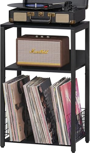 LELELINKY 3-Tier Vinyl Record Stand, Vintage Vinyl Shelf Side Table, Record Player Table with Storage Space for up to 100 Albums, Record Shelf Holder for Living Room and Office (Black)