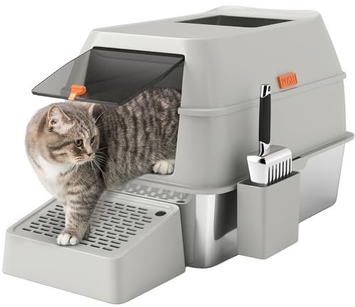 PawHut Arenero para Gatos Cubierto de Acero Caja de Arena para Gatos Arenero Cerrado para Gatos con Paso de Salida y Pala de Acero Gris Claro
