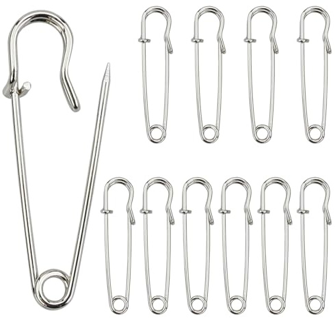 12 Spille di Sicurezza Kilt, spille da balia grandi, spille da balia, 63 mm, in acciaio inox, resistenti per coperte, maglieria, gioielli e lavori a mano (argento)