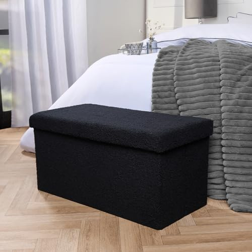 OHS Large Ottoman Storage Box, Boucle Foldable Storage Ottoman Bench with Lid Footrest Stool End of Bed Bench Blanket Box Easy Assembly Sturdy Ottomans for Living Room Bedroom, Black