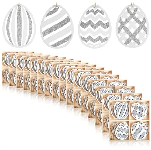 com-four® 192x Dekoaufhänger Ostern, Osterschmuck aus Holz zum Aufhängen | Holzaufhänger für den Osterstrauß grau/weiß mit Streifen