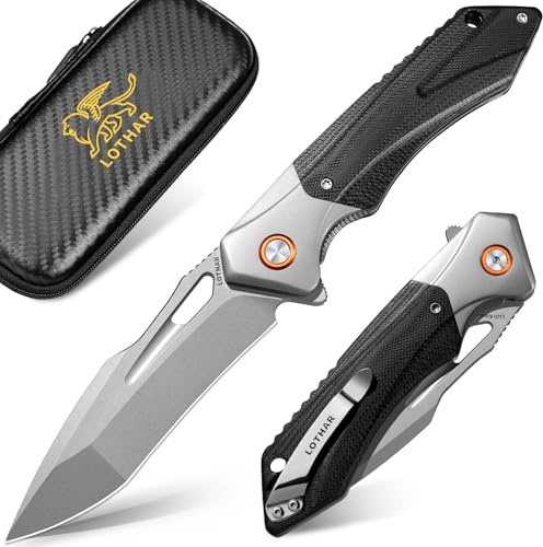 LOTHAR LICH KING Klappmesser, Taschenmesser aus D2 Stahl | Einhandmesser mit G10 Griff, Outdoor Messer Survival für Camping, Jagd & Abenteuer (D2-Grau)