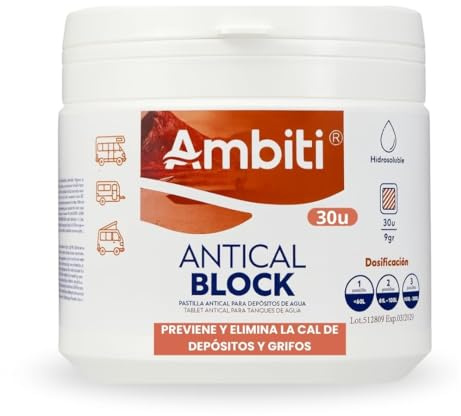 Ambiti | Anti-calcaire Block | Tablettes pour éliminer et prévenir le calcaire dans les réservoirs d'eau propre, gris et robinets | Parfum cannelle | Améliore la qualité de l'eau | 30 pastilles de 9 g