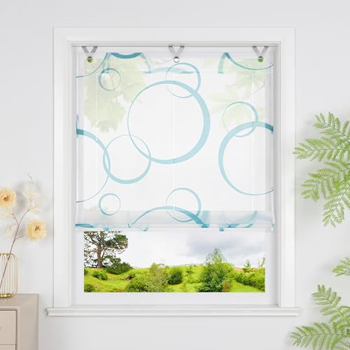 Heichkell Transparent Raffrollo mit Kreis Rollo ohne Bohren Moderne Gardine Raffgardine mit Ösen Blau BxH 80x130 cm