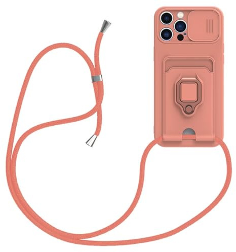 xinyunew Handykette Silikon Hülle für Xiaomi Poco X7 Pro 5G mit Band, Handyhülle mit Kartenfach, Abnehmbar Kordel Kette, 360 Grad Ringhalter Stand Kartenfach Stoßfeste Schutzhülle,Pink