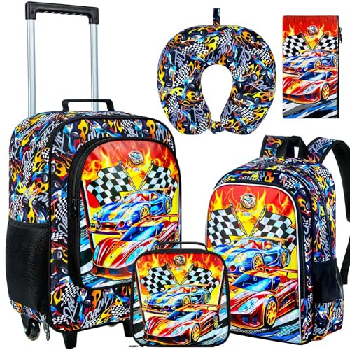 18 Kids Suitcase for Boys, 5Pcs Carry on Luggage With Wheels, Cars Suitcases for Kid Toddler Children(Racing)
