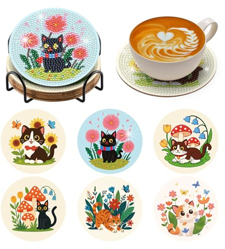 BNG Juego de 6 posavasos de pintura de diamantes de gato con soporte, 6 posavasos de arte de flores de primavera para adultos, kits de pintura artística para mujeres, principiantes, suministros de