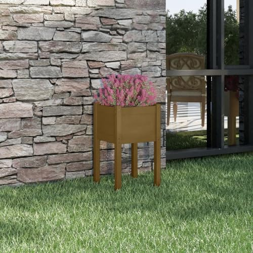 HaoChrymec Macetero Marrón Miel 40x40x70 cm, Madera Maciza de Pino, Jardinera Exterior, Huerto Urbano, Jardinera Balcón