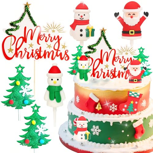 Santa Claus Merry Christmas Cake Toppers Snowman Deer Xmas Tree Cake Topper | Merry Christmas Theme Holiday Party Cake Decorations Supplies