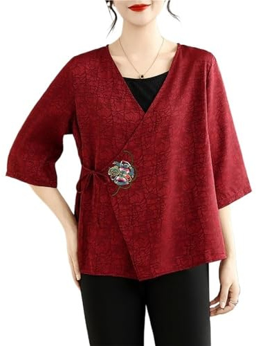 Cardigan Da Donna In Raso Con Lacci In Stile Cinese Camicie Larghe Casual Con Maniche A 3/4 Camicetta Tradizionale Ricamata In Stile Hanfu(Red,M)