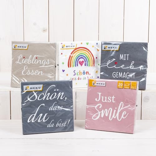 Servietten mit Sprüchen – 100 Stück (5×20) – Lustige & stilvolle Papierservietten mit Text – Für Party, Geburtstag, Tischdeko, Brunch, Gäste