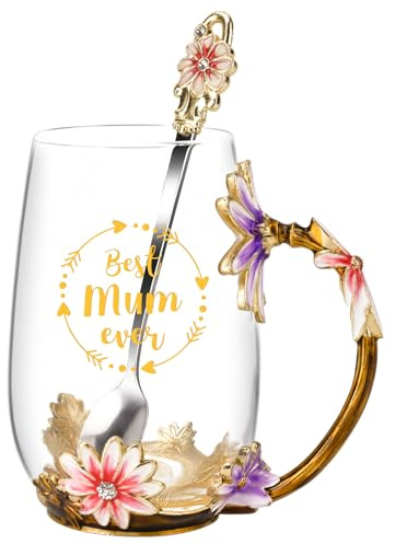 Mothers Day Gifts,12oz Glass Cup,Mum Birthday Gifts for Mum on Christmas | 12oz Engraved Floral Glass Coffee Mugs Tea Cup with Spoon,Mothers Day Gift for Stepmum Grandma Women Wife