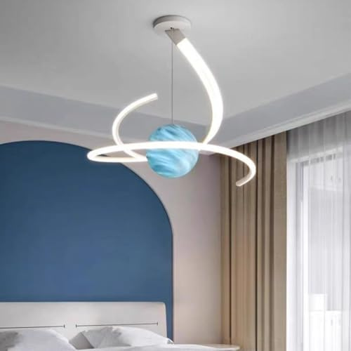 Deliouay Modern Led Hängeleuchte Led Pendelleuchte Esstisch Dimmbar Ring Creative Linear design Hängelampe mit Fernbedienung Höhenverstellbar Esszimmerlampe für Küche Esszimmer Büro lampe (Weißblau)