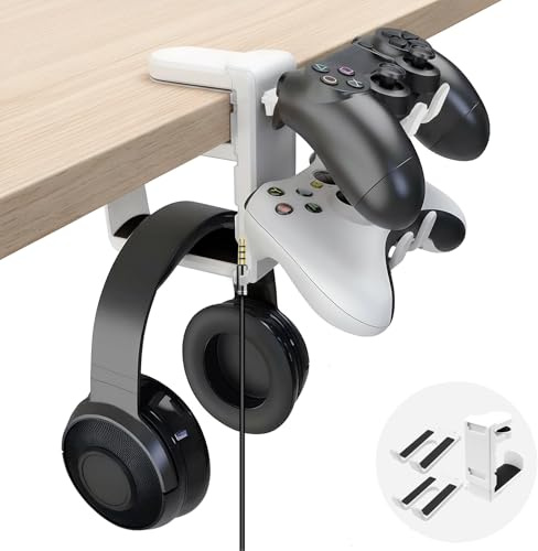 Yiomxhi 2 en 1 Support Casque Gamer et Support Manette, Porte Casque Bureau Rotatif à 360°avec Organiseur de Câble pour Contrôleur Casque, Accessoires de Jeu (Blanc)