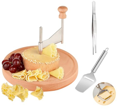 Girolle - Rotella per formaggio, per Tête de Moine - Arricciacapelli per formaggio in stile svizzero con lama in acciaio inox e base in legno, include affettatrice e pinzette per feste e formaggi