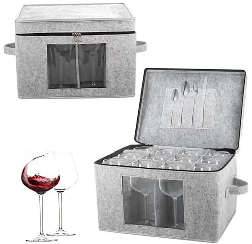 Almacenamiento para copas de vino, 1 paquete de caja de almacenamiento para copas de vino, organizador de cristalería de fieltro de 12 compartimentos con asa y ventana transparente, gris plegable, ca
