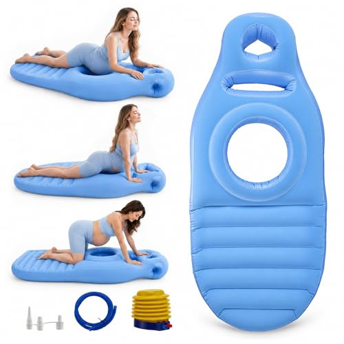 VeftBltrem Aufblasbares Schwangerschaftskissen, Yogamatte Für Schwangere Mit Loch, Bequeme Beflockte Luftbett für Schwangere Frauen, Bauchlage Matte, Ganzkörperunterstützung Schmerzlinderung(Blau)