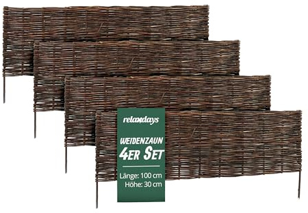 Relaxdays Beeteinfassung, Weide, 4er Set, HxB: 30 x 100 cm, zum Stecken, Beet & Rasen, niedrige Beetumrandung, braun