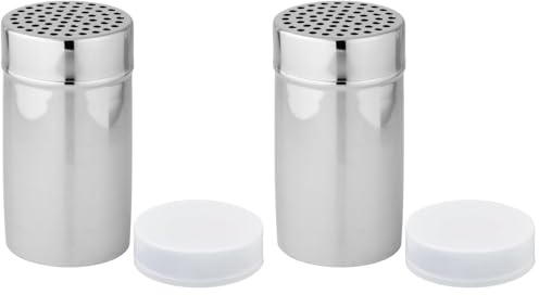Fackelmann 42909 saupoudreuse pour sucre glace, saupoudreuse en inox, boite a sucre glace, distributeur à cacao, acier inoxydable, 13 x 7 cm, Argent/Blanc (Lot de 2)